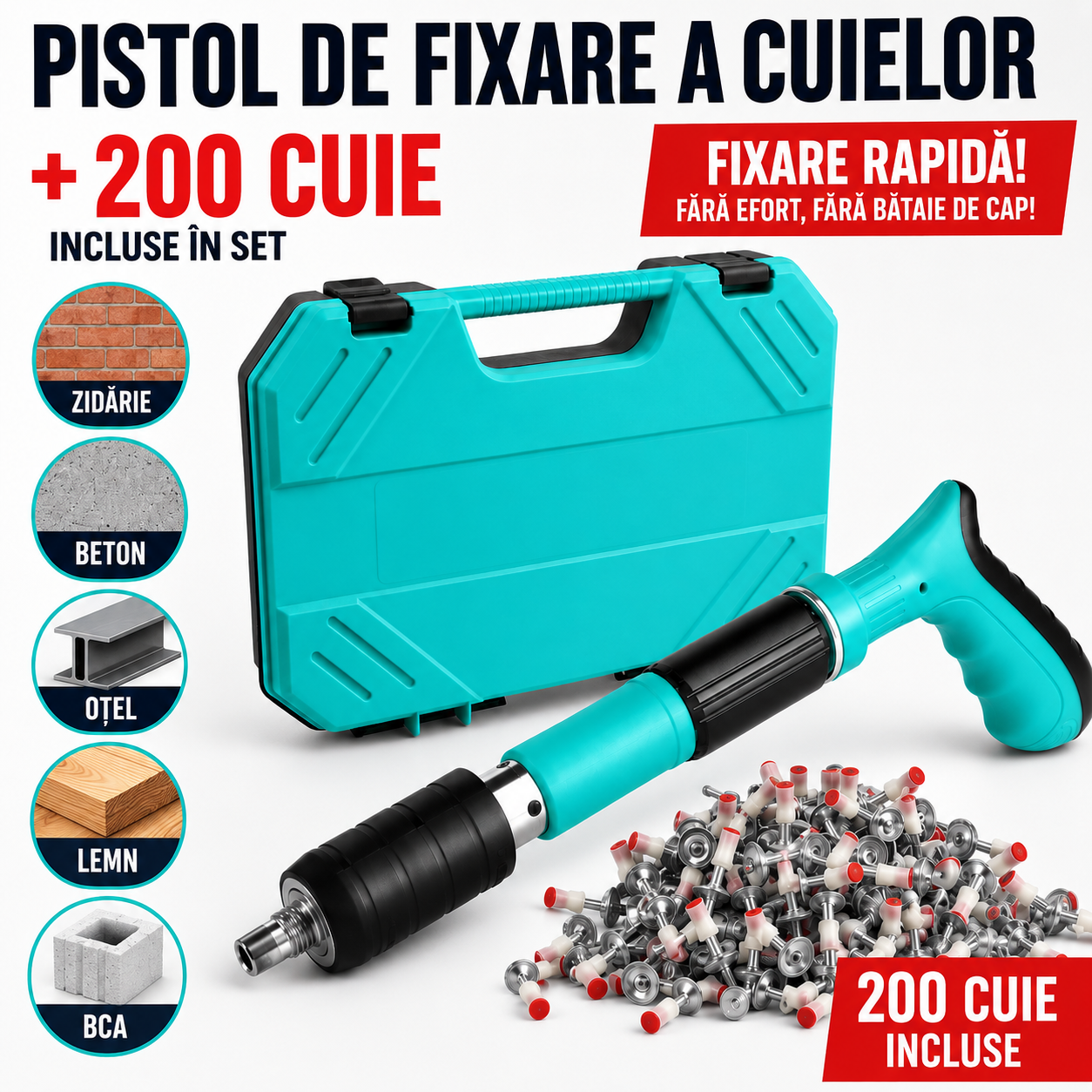 Kit pistol pentru fixat cuie + Set cuie
